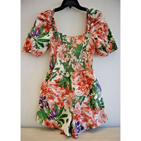 H&M Women's Sz Medium Multicolor Floral Puff-Sleeved Smocked Square Neck Romper - Picture 2 of 8
